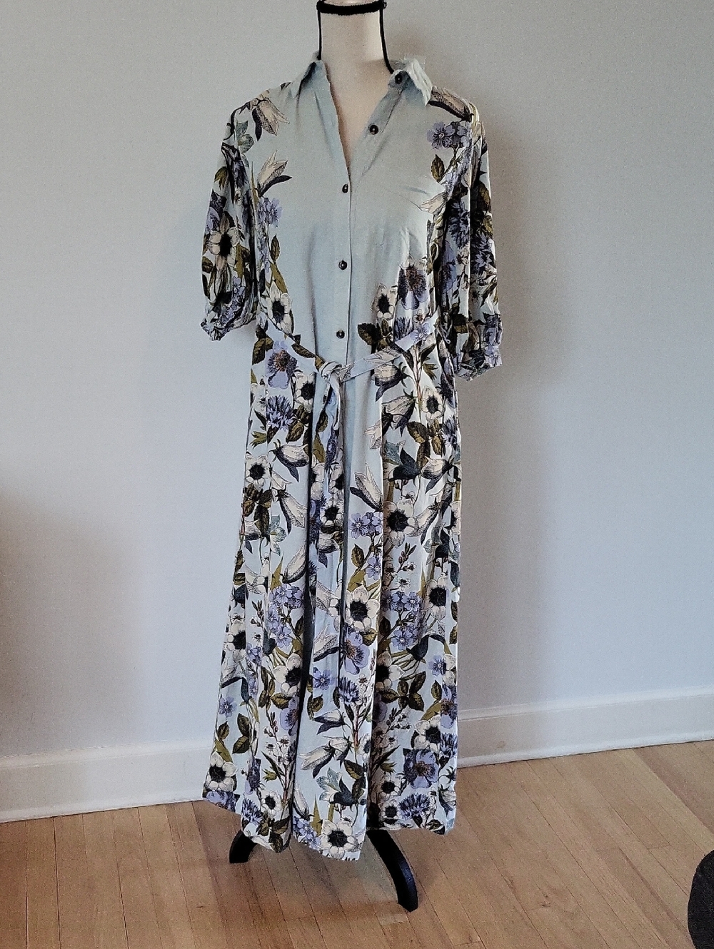 Anthropologie Light Blue Floral Maxi Dress with Tie Waist - Picture 3 of 7